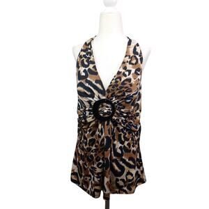 Vintage Cache Women Leopard Halter Going Out Top Large Tie Neck Club Mob Wife